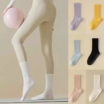 Носки для йоги из хлопка средней длины, профессиональные нескользящие носки для пилатеса, танцев, спортзала, фитнеса, носки S G3F4 Black-1 pair