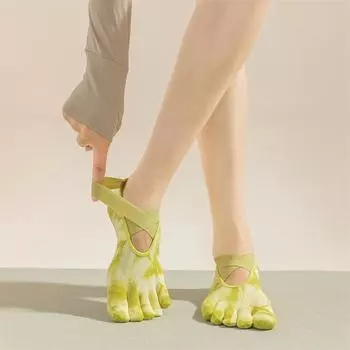 Носки для йоги с защитой от скольжения, женские носки с принтом тай-дай, профессиональные хлопковые носки для пилатеса с пятью пальцами, носки для помещений с раздельными пальцами, впитывающие пот чёрный