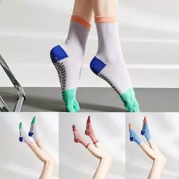 Носки для йоги со средней трубкой, нескользящие профессиональные женские носки с пятью пальцами, носки для пилатеса, дозировка клея розовый