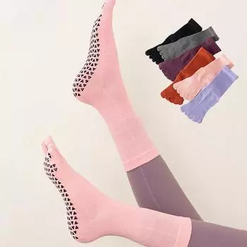 Носки для йоги средней длины с пятью пальцами, женские, хлопковые, противоскользящие, профессиональные, для пилатеса, балета, танцев, фитнеса, спорта, носки чёрный