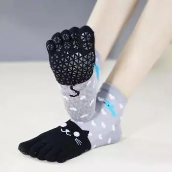 Носки для йоги, женские хлопковые, силиконовые, с рисунком кота, нескользящие носки для пилатеса с полным носком, пятью пальцами One size