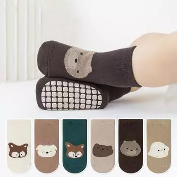 Носки для мальчиков и девочек, нескользящие, хлопковые, с принтом, нескользящие, для малышей, для девочек и мальчиков, с рисунком, для детей 0-5 лет, осень-зима S коричневый