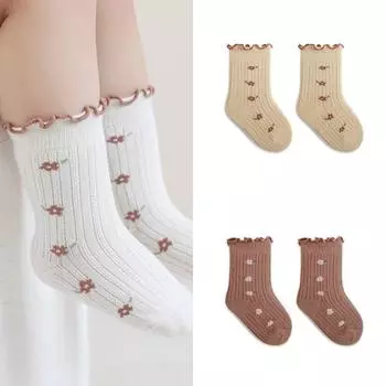 Носки для маленьких девочек, носки до середины икры с эстетическими цветочными рюшами для маленьких девочек, весенне-летние мягкие хлопковые носки с цветочным принтом, одежда для маленьких девочек XS
