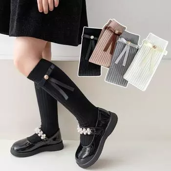 Носки для малышей, детские носки для девочек до середины икры, весенние мягкие хлопковые детские школьные носки с бантом, милые носки с бантом, весна-осень one size коричневый