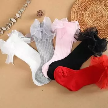 Носки для малышей, осень-весна, детские гольфы для девочек, хлопковые носки с большим бантом, стильные детские носки принцессы, От 0 до 3 лет M