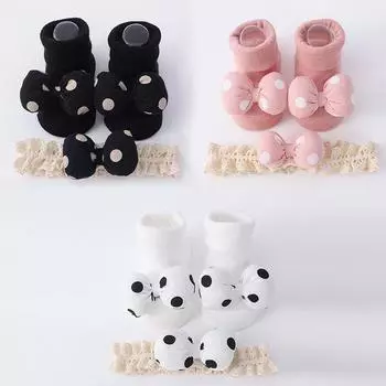 Носки для младенцев и девочек, детские носки, нескользящие носки для малышей, носки принцессы с бантом в горошек и повязкой на голову S белый