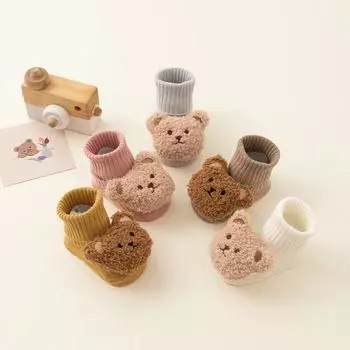 Носки для носков для малышей, зима-осень, мягкие, милые, с рисунком медведя из мультфильма, для малышей, мальчиков и девочек, для дома, противоскользящие, носки для детей 0-3 лет S белый