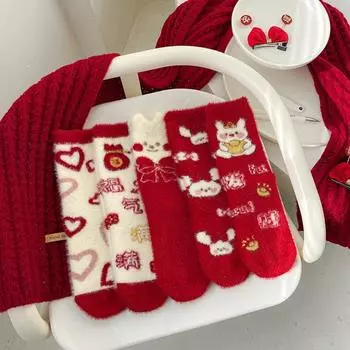 Носки для пола, плюшевые домашние носки с животными, средние носки, женские носки с кроликами, носки с надписью «Удачи» D