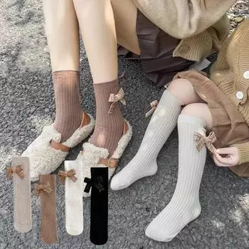 Носки до середины икры с бантом для девочек, милые гольфы принцессы для маленьких девочек, однотонные весенне-осенние цветные полосатые носки для малышей