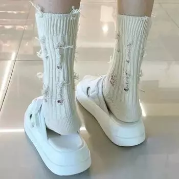 Носки Harajuku Broken Hole для женщин, хип-хоп, скейтборд, нищие, хлопковые носки, средние, трикотажные, уличные чулки, модные, calcetines чёрный