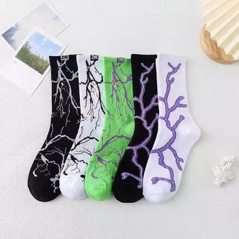 Носки Hip Hop Crew для мужчин Harakuju Streetwear Lightning Printed Socks из хлопка, модные хипстерские носки для скейтбординга, черные, белые, зеленые One Size