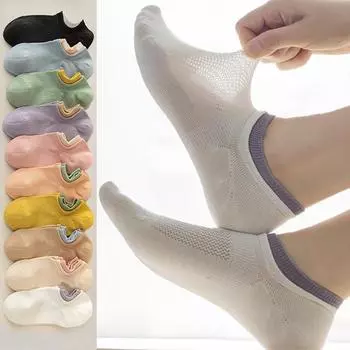 Носки хлопковые конфетного цвета для женщин, двухслойные, с низким вырезом, сетчатые, без косточек, студенческие, лодочки one size чёрный