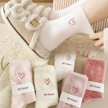 Носки из бархата Mink Heart для женщин и мужчин, осенне-зимние, утолщенные, термобелье, коралловый бархат для сна, плюшевые носки-тапочки, нижнее белье 35-40