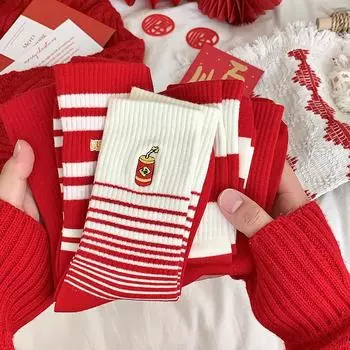 Носки из чистого хлопка Год Змеи Новогодние женские большие красные носки Год рождения Средние носки-трубы Хлопок average size