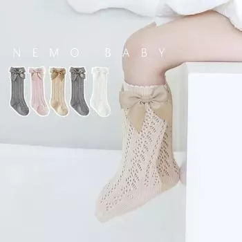 Носки из хлопка для новорожденных с высокой трубкой и бантом из сетки - летний тонкий дизайн S 0-1 years foot length 9-11cm