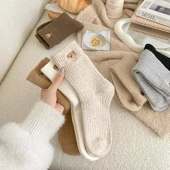 Носки из искусственной шерсти для детей зимой, плюшевые утолщенные длинные носки, вышитые петли, мультяшные плюшевые мишки, плюшевые полотенца и плюшевая напольная трубка