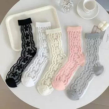 Носки из кристального шелка, женские летние ультратонкие прозрачные нейлоновые длинные носки с цветочным принтом JK Lolita Sweet Girls, японские носки Kawaii