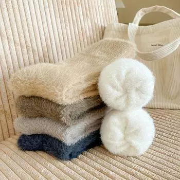 Носки из норкового бархата однотонные мужские утепленные домашние носки-тапочки зимние теплые плюшевые чулки для сна светло-серый