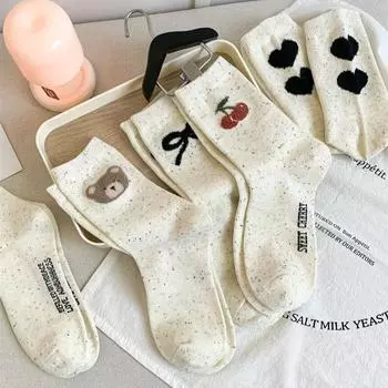 Носки из пряжи Dot, однотонные, с милым медвежонком, жаккардовые, допаминовые, универсальные, женские, средней длины, носки one size