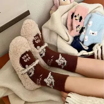 Носки Kawai женские осенне-зимние с рисунком, удобные, конфетного цвета, из норки, бархатные, утолщенные, теплые, милые, пушистые, для сна дома и пола One Size