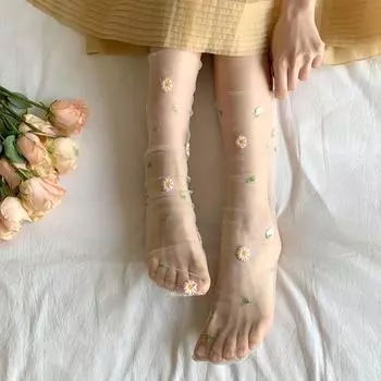 Носки Kawaii женские летние ультратонкие прозрачные свободные длинные носки с цветочной вышивкой JK Lolita Sweet Girls милые сетчатые кружевные носки EUR 35-39 серый