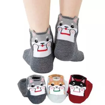 Носки Kogyo с милой собачкой Ину и собачкой из смеси хлопка [Shoei Co., Ltd.] [Легкие носки, комплект из 3 пар] 22-25 см (Уши сиба, серые, коричневые, черные) материальный, милый,