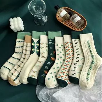 Носки «Лолита» Kawaii, милые хлопковые белые носки JK, комплект из 5 пар женских забавных носков, дизайнерские носки в стиле ретро, консервативный Y2k, зеленые носки One Size