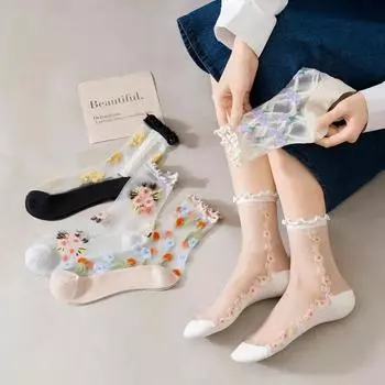 Носки Lolita Kawaii Ruffle Socks для женщин, ультратонкие прозрачные летние шелковые носки с цветочной вышивкой для девочек, милые нейлоновые длинные носки EUR 34-39