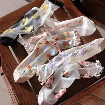 Носки Lolita Kawaii Ruffle Socks для женщин, ультратонкие прозрачные летние шелковые носки с цветочной вышивкой для девочек, милые нейлоновые длинные носки EUR 34-39