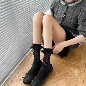 Носки Лолиты Весна и Лето Полые Кружевные Бант Тонкие Дышащие Белые Гольфы Средней Длины Повседневные Черные Носки One Size