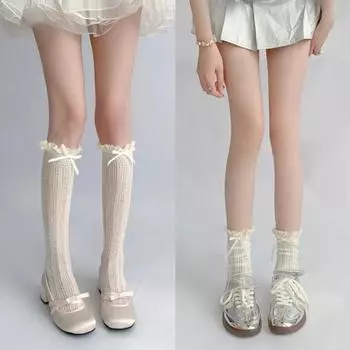 Носки LuolitaJK с бантом, японские сетчатые носки с ворсом, женские носки для теленка, кружевные, ультратонкие One size