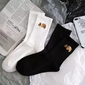 Носки мужские и женские с вышивкой в виде медведя, детские носки средней длины, хлопковые носки для пар, уличные спортивные черно-белые носки One Size белый