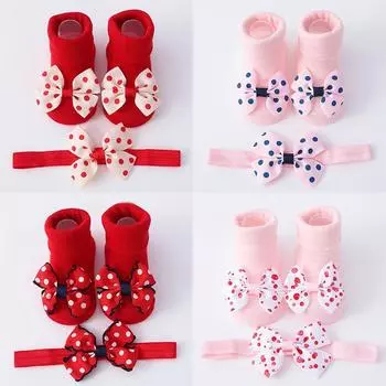 Носки принцессы с нескользящей отделкой для девочек и бантом в горошек для малышей M