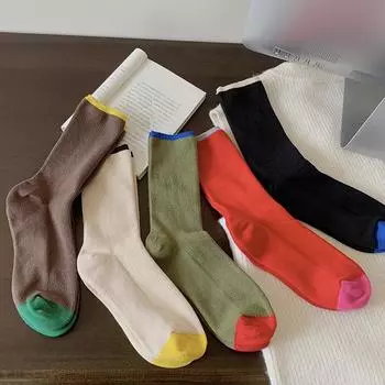 Носки Retro Double-Needle Contrast Cuff Socks — модные универсальные носки средней длины для осени/зимы (Серия Майяра) One Size (Individual Packaging) чёрный