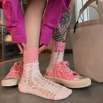 Носки с цветными вставками из сетки, женские носки из стеклянного шелка, модные рваные носки-трубы для девочек 3Pairs