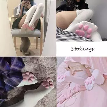 Носки с кошачьими лапками Kawaii 3D Cat Claw женские чулки Lolita Paw-Pad Thigh Socks чёрный