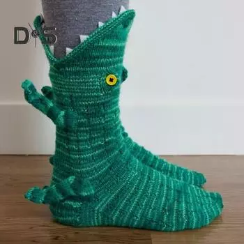 Носки с крокодиловой кожей, новинка, носки-тапочки с изображением кусающих акул/крокодилов, зимние теплые вязаные носки с изображением животных для мужчин и женщин темно-зеленого