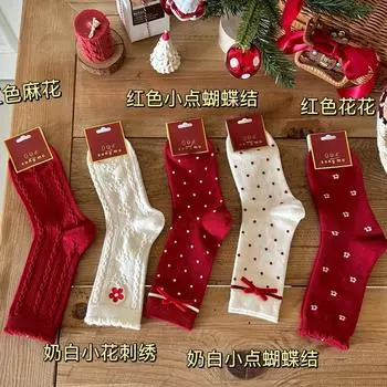Носки с кроличьим пухом, женские новогодние носки большого размера с красными вельветовыми бантами, женские носки среднего размера Hongyun One Size