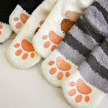 Носки с лапками кота, женские, нескользящие, коралловые, бархатные, толстые, женские, теплые, зимние, спальные носки, для дома