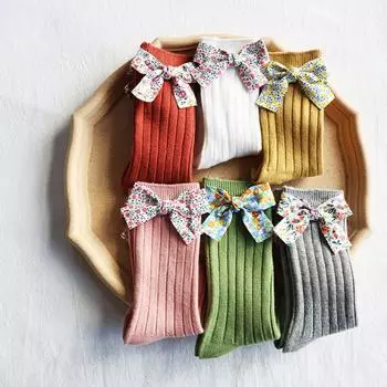 Носки с милыми цветами и бантом для новорожденных, хлопковые полосатые белые детские носки для девочек