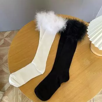 Носки с оборками и перьями, чулки для женщин, JK Girls, однотонные, черные, белые, длинные, женские чулки, Лолита, кавайные, милые, гольфы белый