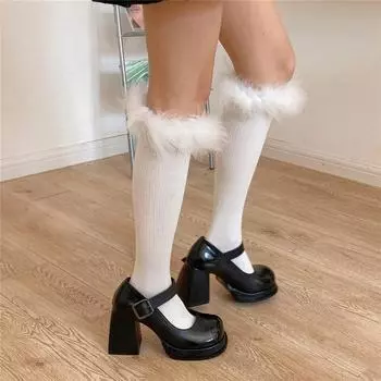 Носки с оборками и перьями, чулки для женщин, JK Girls, однотонные, черные, белые, длинные, женские чулки, Лолита, кавайные, милые, гольфы белый