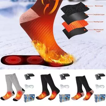 Носки с подогревом, перезаряжаемые большие электрические носки для мужчин и женщин с 3 настройками подогрева, носки с подогревом, толстые хлопковые грелки для ног в помещении и на открытом воздухе One Size чёрный