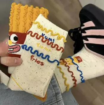 Носки с рисунком фри, радужным рисунком, милые женские носки с рисунком из мультфильмов, осенне-зимние, средней длины, носки-трубы, креативные, забавные, модные, хлопковые носки, не портят обстановку белый