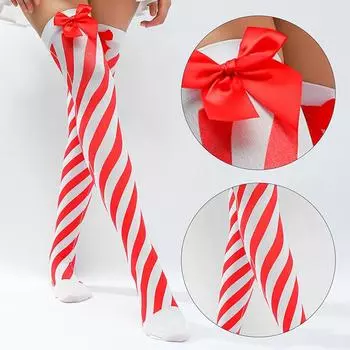 Носки с рождественскими украшениями, длинные чулки в полоску, рождественские украшения, высокие носки для девочек, полосатые гольфы зелёный