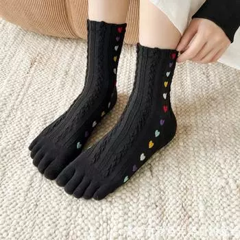 Носки с вышивкой в виде сердца, пять носков средней длины, дышащие, носки с пятью пальцами, забавные для женщин бежевый