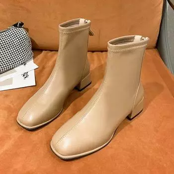 Носки сапоги модные ботильоны женские на высоком каблуке толстые квадратные носки короткие сапоги женские ретро 2024 новые женские туфли 34 бежевый