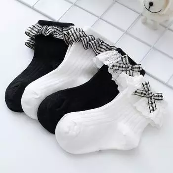 Носки средней длины с бантом и корейским кружевом для девочек - белые L (Foot Length 15-17cm, Age 5-7)