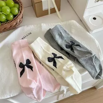 Носки средней длины с бантом из хлопка Ins Balletcore Bow Socks Sweet Streetwear бежевый