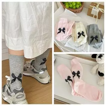 Носки средней длины с бантом из хлопка в стиле Лолиты, носки Balletcore с бантом, элегантные женские бежевый